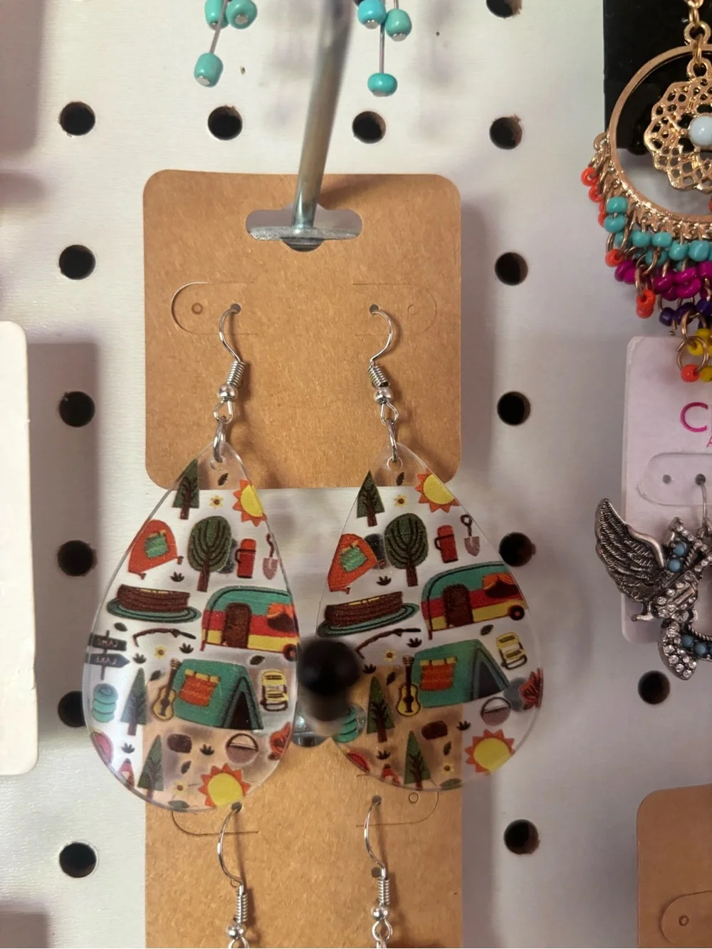 Women’s Camping Print Teardrop Earrings - White